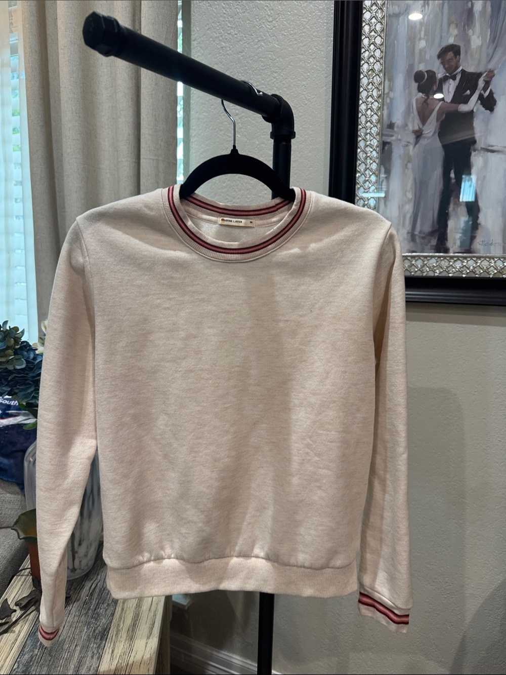 Marine Layer Men's Crewneck Sweater in Cream with Maroon Trim